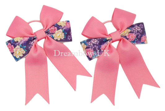 Hot pink and purple floral hair bows on thin bobbles