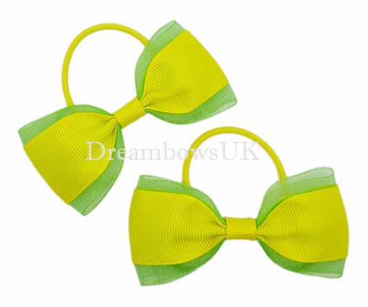 Yellow and emerald organza bows on thin bobbles