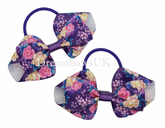 Purple floral hair bows on thin bobbles