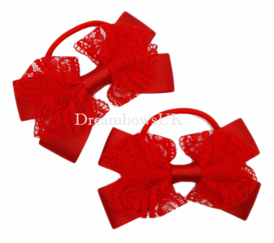 Red lace hair bows on thick bobbles