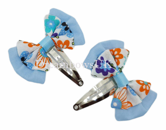 baby blue Floral fabric hair bows on snap clips