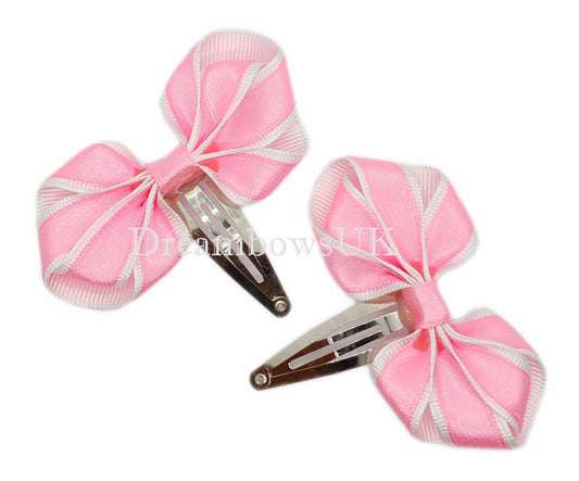 Pink satin hair bows, snap clips