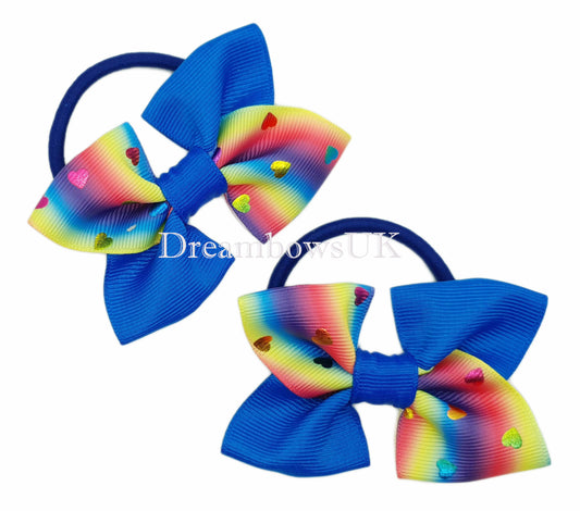 Royal blue hearts design hair bows on thick bobbles