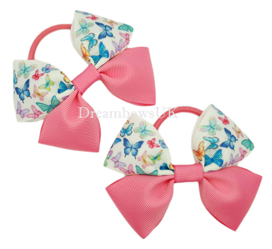 Hot pink butterfly design hair bows on thick bobbles