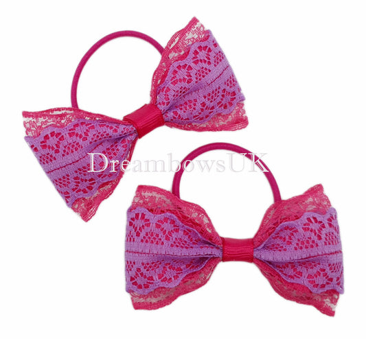 Cerise Pink and Purple Lace Hair Bows on Thin Bobbles