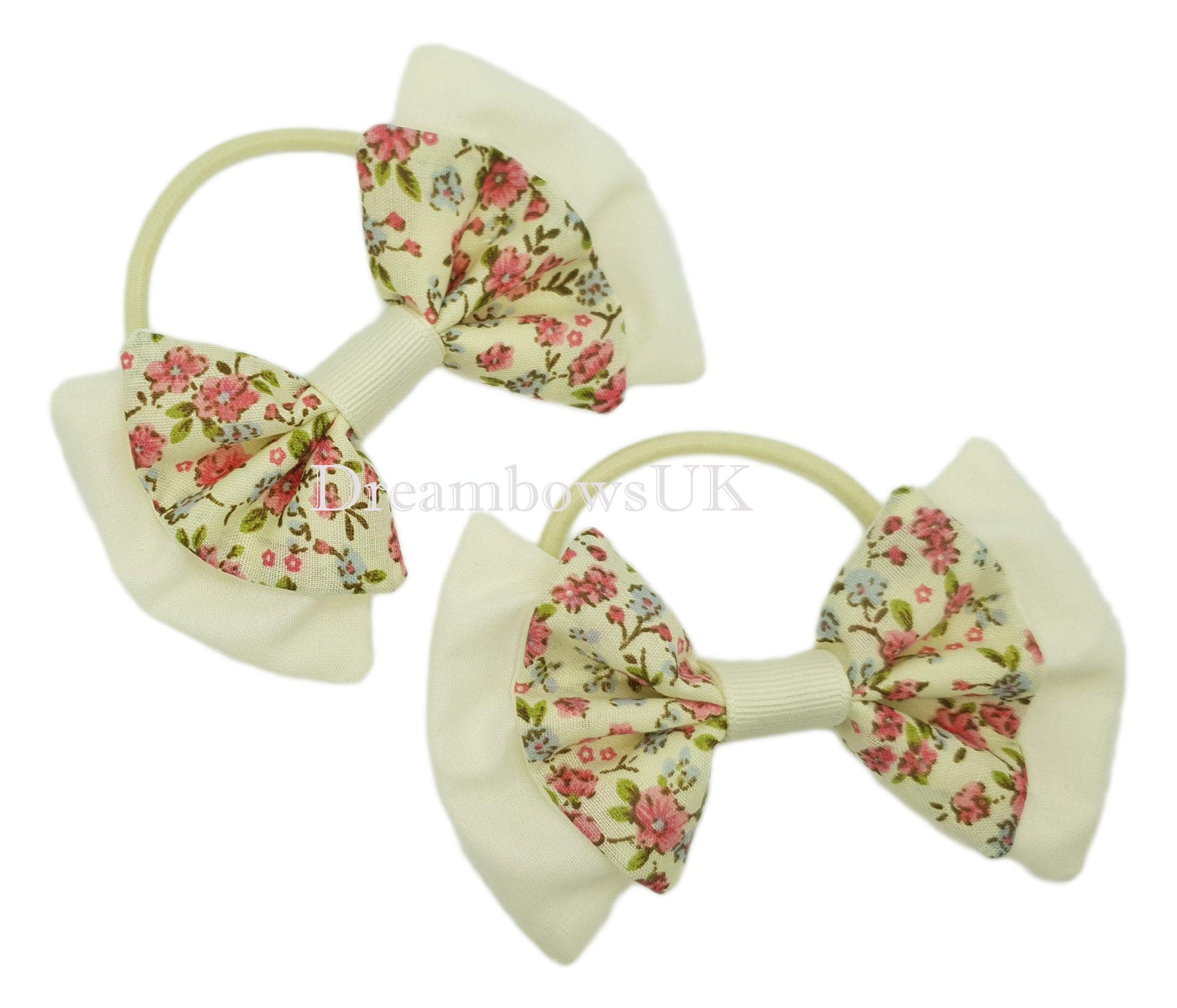 Pink and cream floral hair bows on thick bobbles