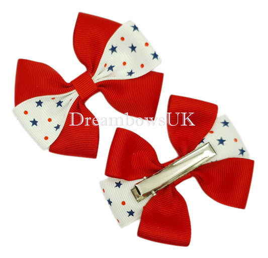 Red and white stars design hair bows on alligator clips