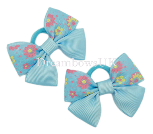 Baby blue floral hair bows, soft hair bobbles for baby