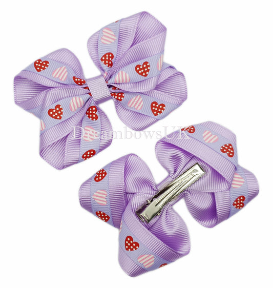Lilac heart design hair bows on alligator clips