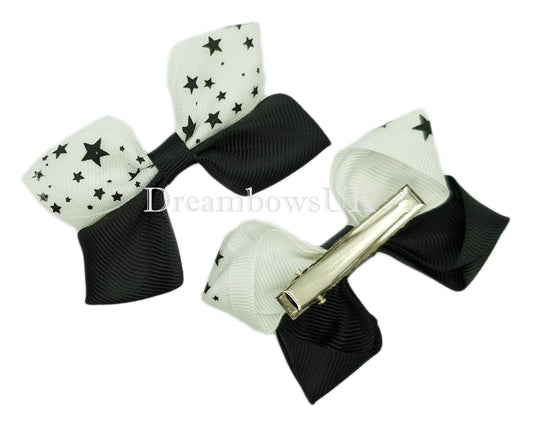 Black and white stars design hair bows on alligator clips