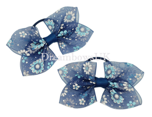 Chic Navy Blue Floral Organza Hair Bows – Thin Bobbles