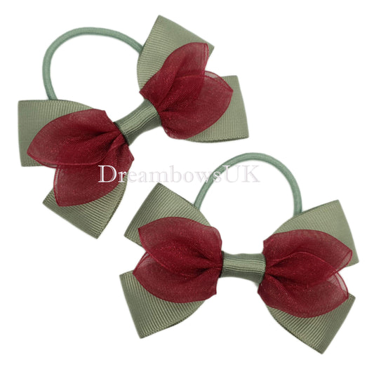 Grey and burgundy organza hair bows on thick bobbles
