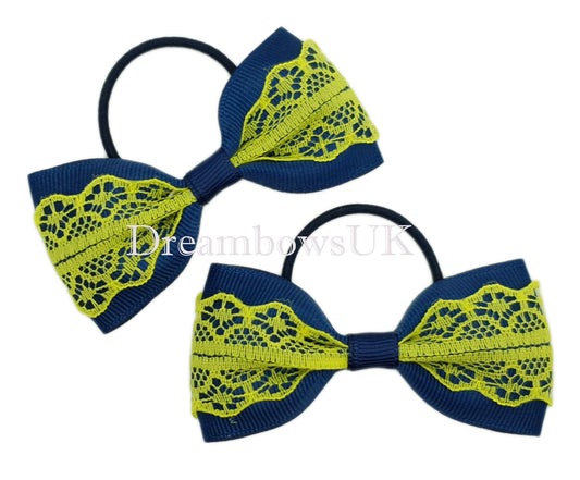 Navy blue and yellow lace hair bows on thin bobbles 