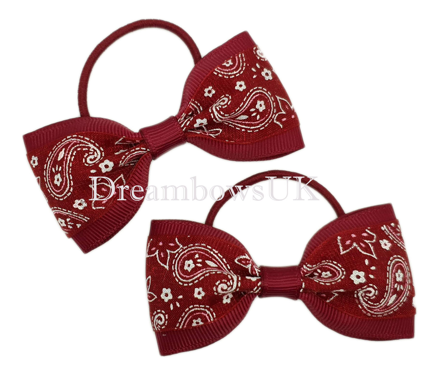 Burgundy paisley hair bows on thin bobbles