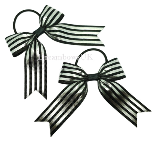 Black and silver hair bows, thin hair elastics