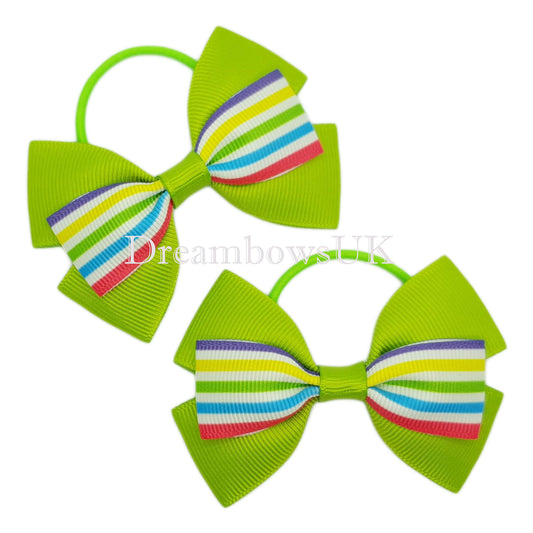 Lime green striped hair bows on thin bobbles