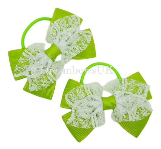 Lime green and white lace hair bows, thin bobbles