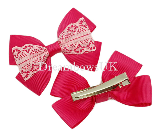 Pink lace hair bows on alligator clips