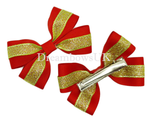 Red and gold glitter hair bows, alligator clips