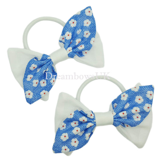 Blue and white floral hair bows on thick bobbles