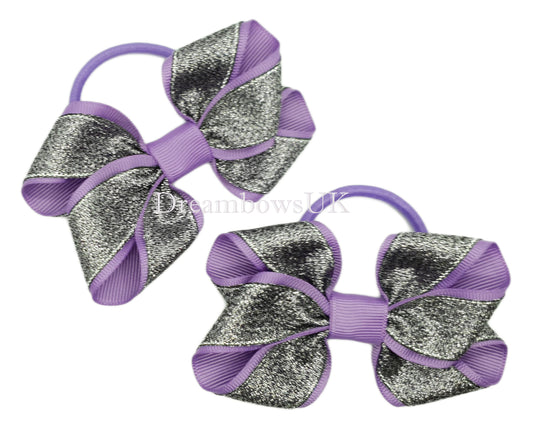 Glitter hair bows, purple and black bows, thick bobbles