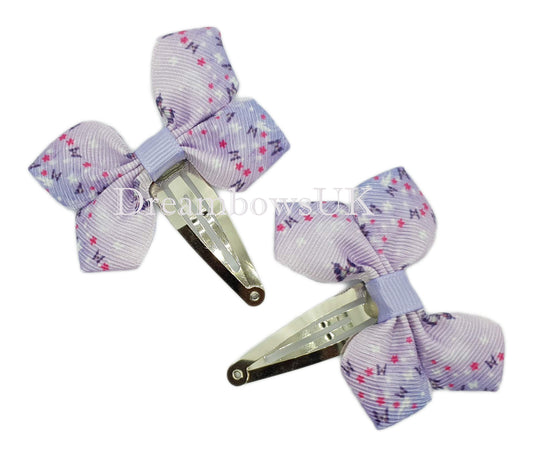 Lilac butterfly hair bows on snap clips