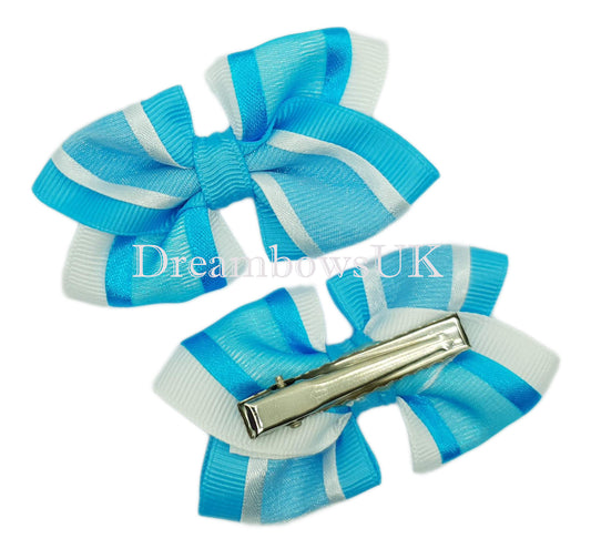 Turquoise and white organza hair bows on alligator clips