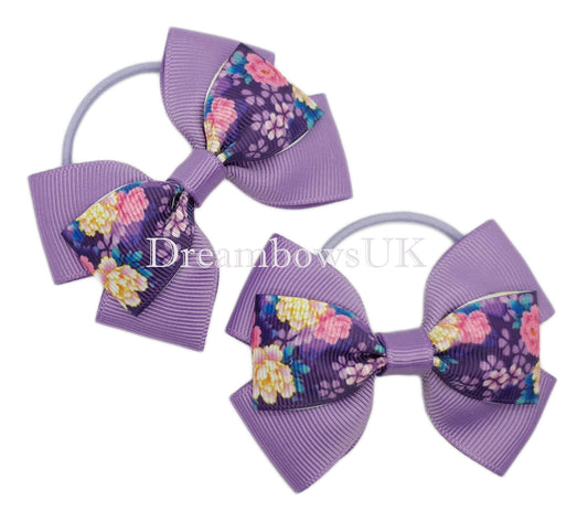 Purple floral hair bows on thin bobbles