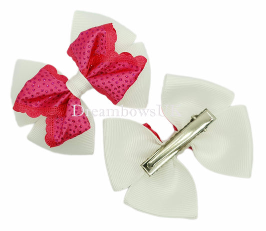 Pink and white glitter bows, girls hair accessories, hair slides