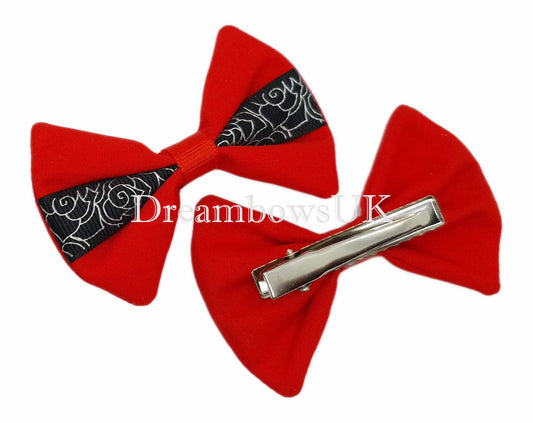 Black and red floral hair bows, alligator clips