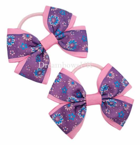 Floral hair bows, pink ribbon bow, thick bobbles