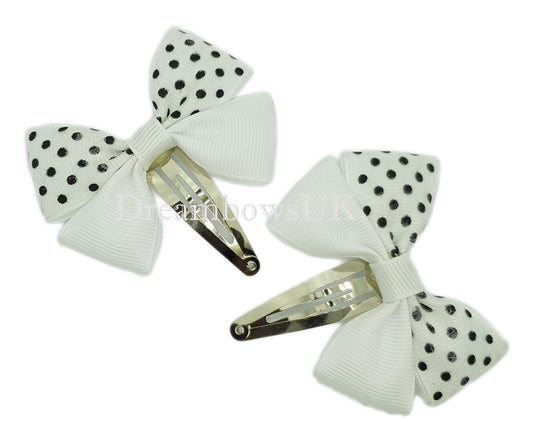 White polka dot polka dot hair bows on snap clips