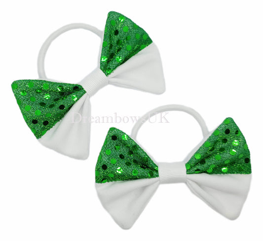 Diamante hair bows, emerald green hair bows, thick bobbles