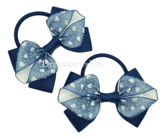 Navy Blue and White Hearts Hair Bows on Thick Bobbles | Unique Design