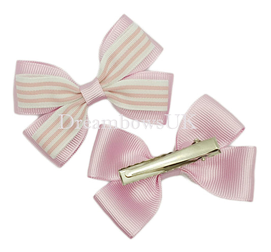 Baby pink striped hair bows on alligator clips