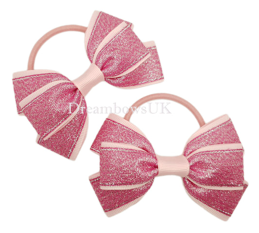 Baby pink glitter hair bows on thick bobbles