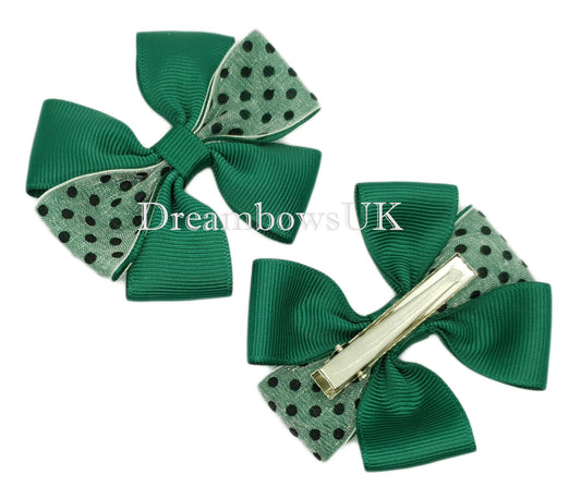 Bottle green polka dot hair bows on alligator clips