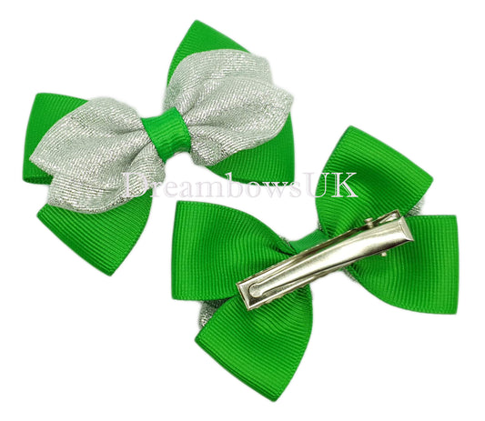 Emerald green and silver glitter bows on alligator clips