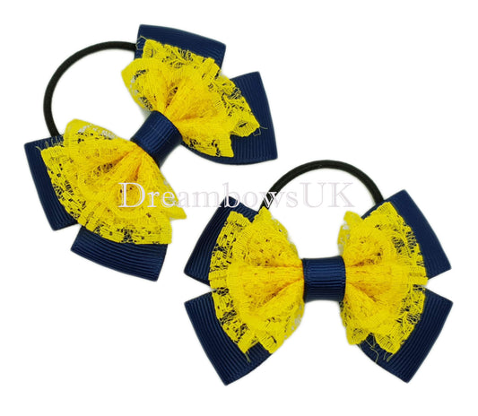 Navy blue and golden yellow lace hair bows on thin bobbles