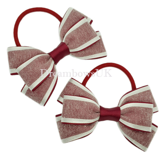 Burgundy and white school bows on thick bobbles