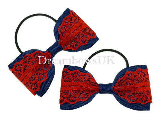 Navy blue and red lace bows on thin bobbles