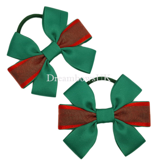 Bottle green and red school bows on thick bobbles 