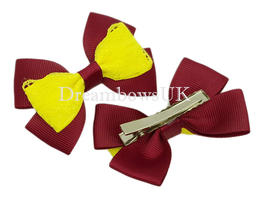Burgundy and yellow lace hair bows on alligator clips