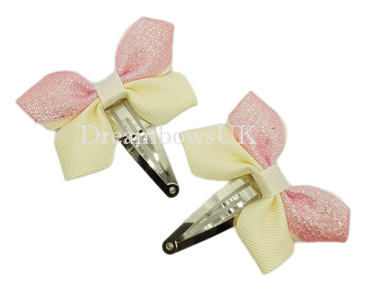 Baby pink and cream glitter hair bows on snap clips