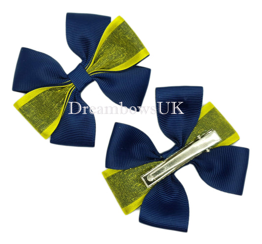 Navy blue and yellow organza hair bows on alligator clips