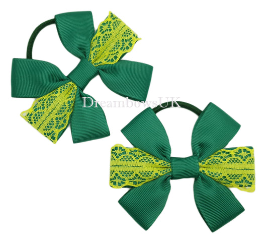 Bottle green and yellow lace hair bows on thick bobbles