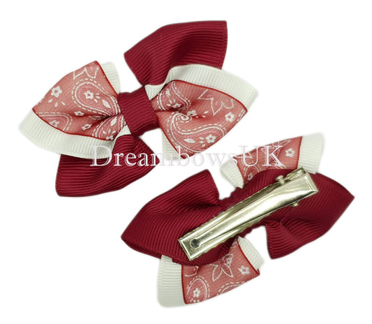 Burgundy and white paisley hair bows on alligator clips