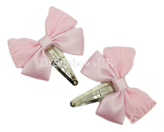 Baby pink hair bows on snap clips