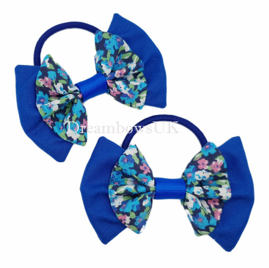 Royal blue floral hair bows, girls snag free hair bobbles