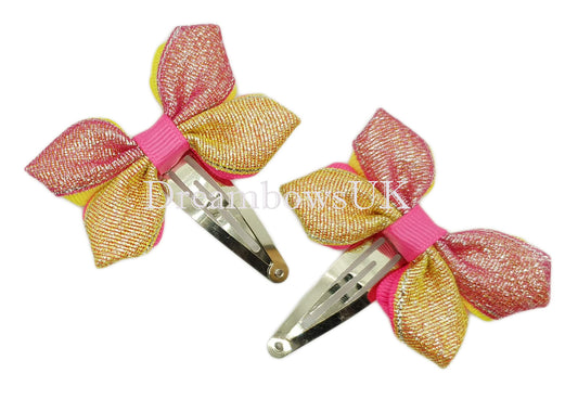 Sparkling Pink & Yellow Glitter Hair Bows - Set of 2 | Handmade in the UK!
